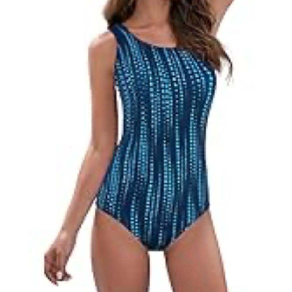 New Women’s Modest One Piece Blue Cross Back Swimsuit / small